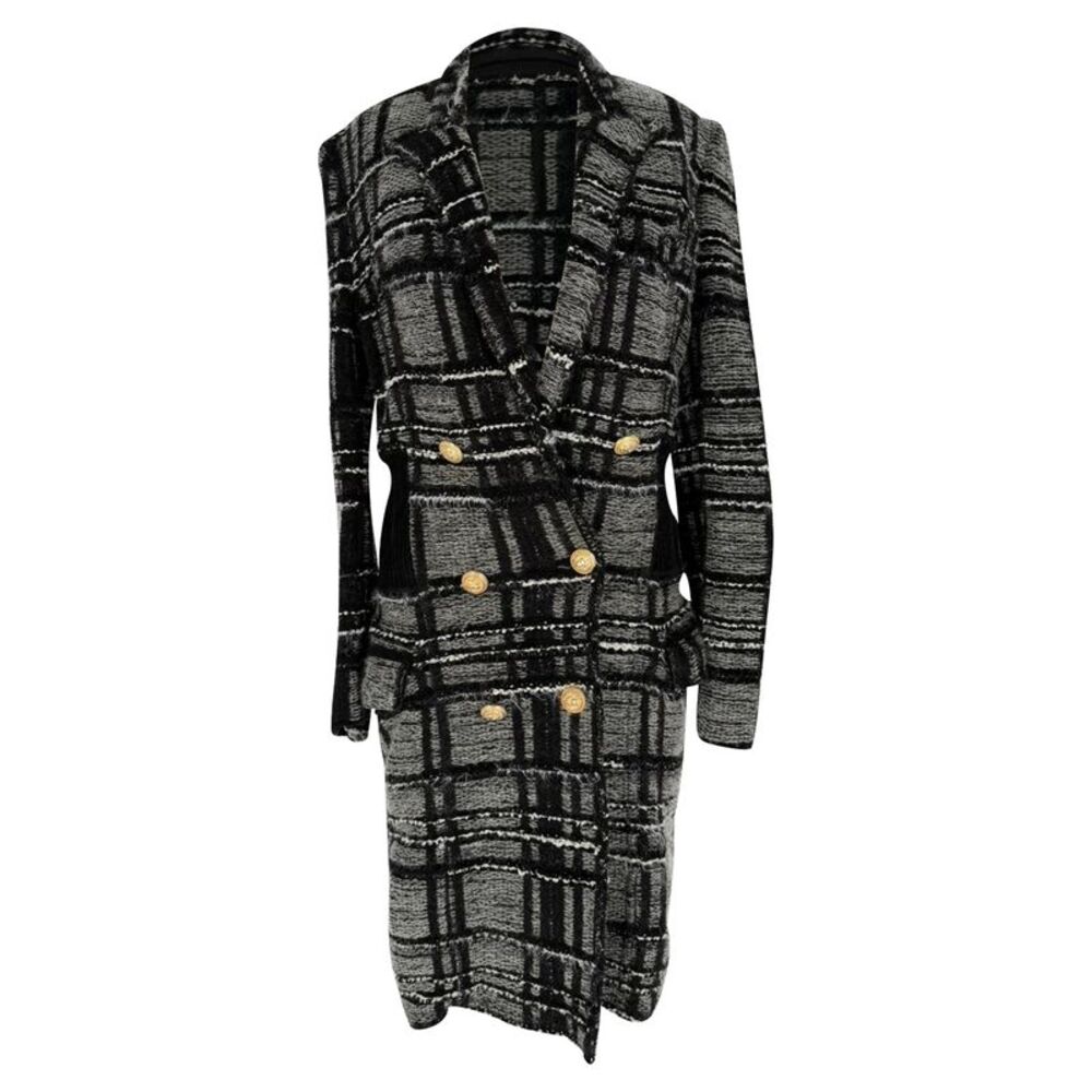 Balmain Plaid Double-Breasted Tweed Coat in Grey Viscose